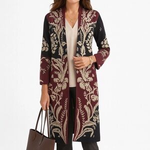 Maxsport Floral Bohemian Black/Red Duster Cardigan Sweater, Size Large